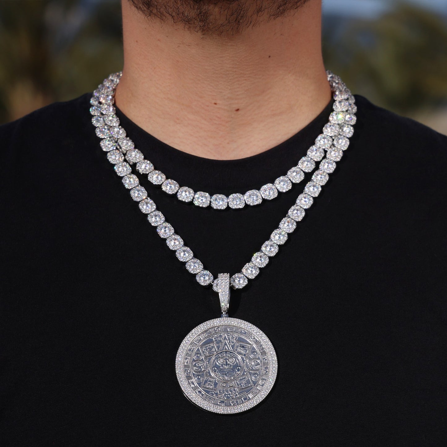 Moissanite Clustered Tennis Iced Big Aztec Calendar Pendant Layered Set - 925 Silver