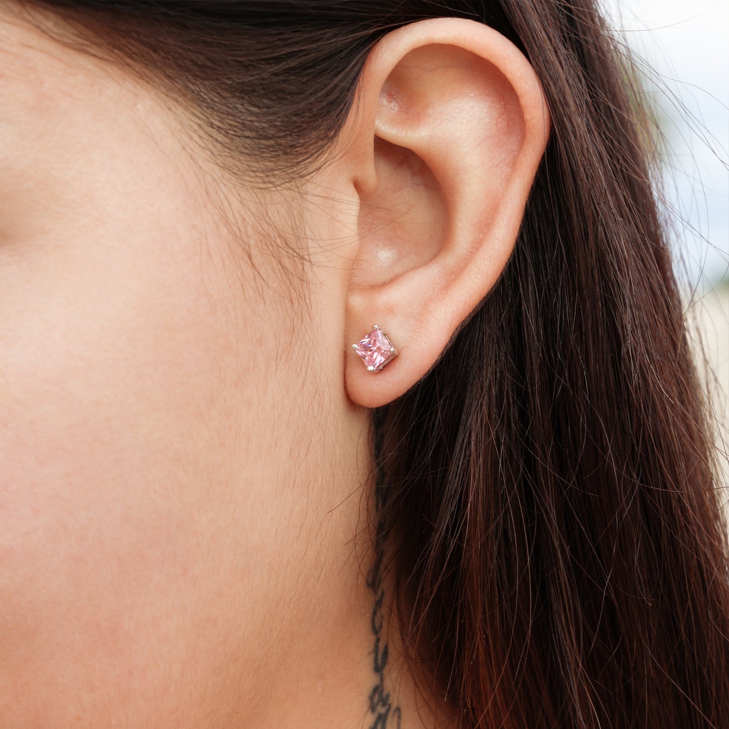 5mm Square Cut Pink CZ Stud Earrings - 925 Silver