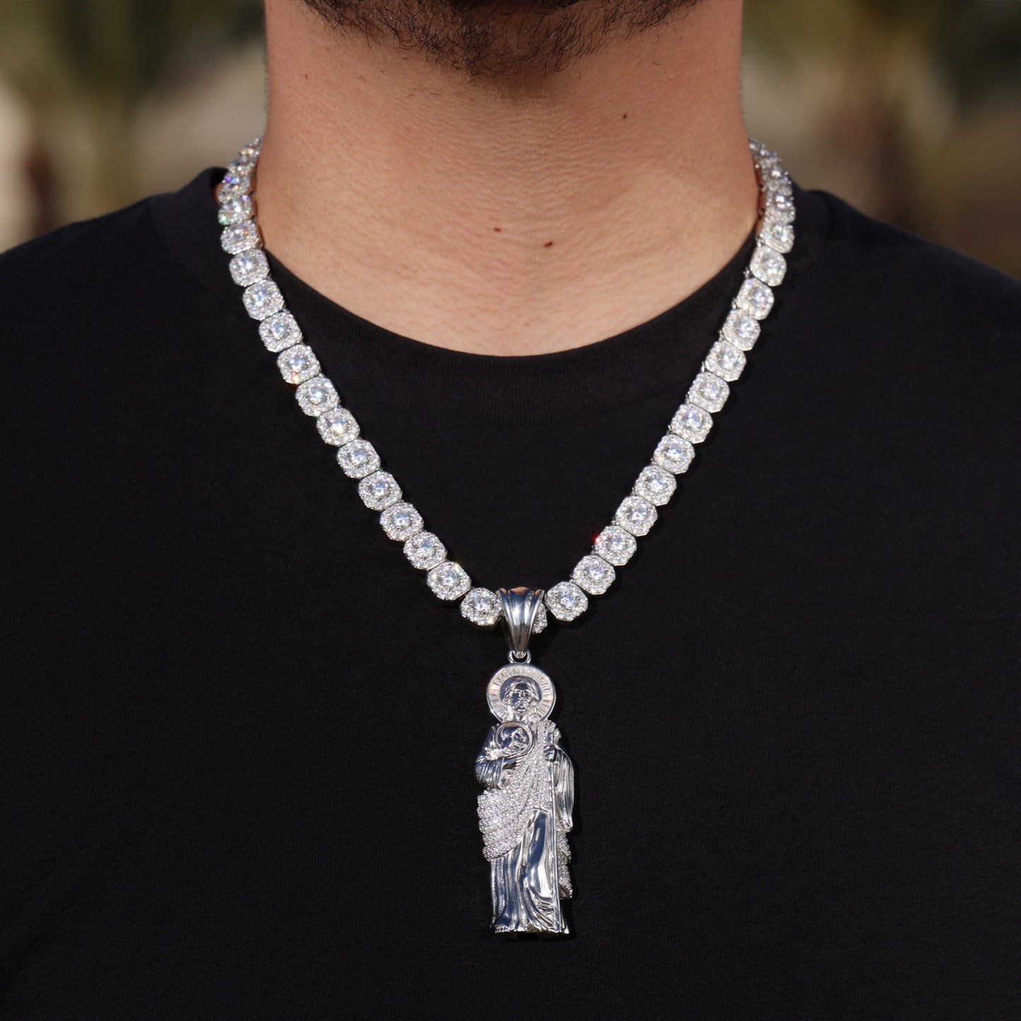 Moissanite Clustered Tennis Chain + Iced Big Moissanite San Judas Pendant Set - 925 Silver