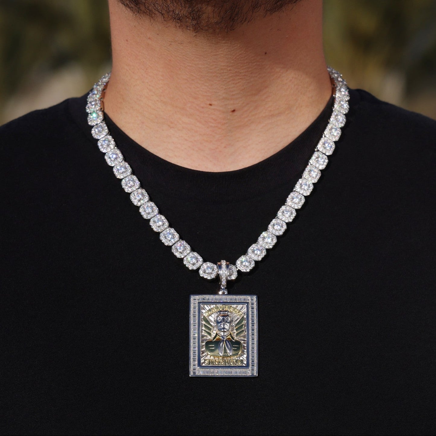 Moissanite Clustered Tennis Chain + Big Moissanite Jesus Malverde Pendant Set - 925 Silver
