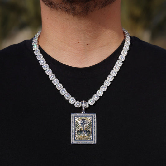 Moissanite Clustered Tennis Chain + Big Moissanite Jesus Malverde Pendant Set - 925 Silver