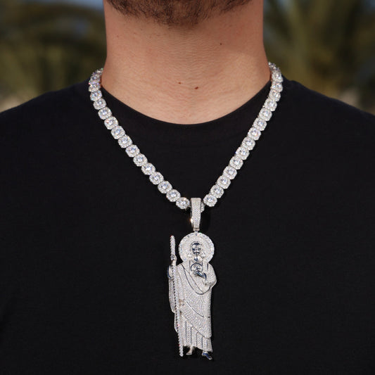 Moissanite Clustered Tennis Chain + XL Fully Iced Moissanite San Judas Pendant Set - 925 Silver