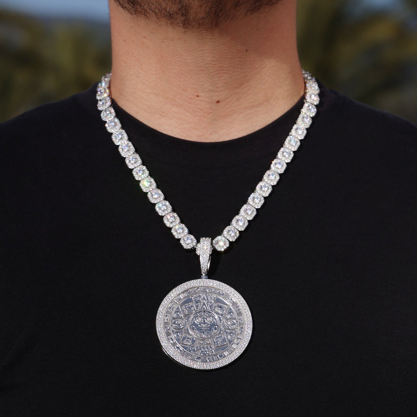 Moissanite Clustered Tennis Chain + Big Moissanite Aztec Calendar Pendant Set - 925 Silver