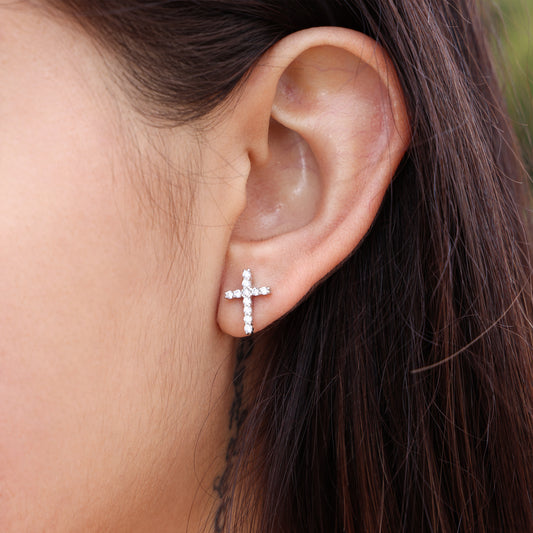 Iced Cross Stud Earrings - 925 Silver