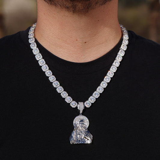 Moissanite Clustered Tennis Chain + Iced Moissanite Half Body San Judas Baguette Pendant Set - 925 Silver