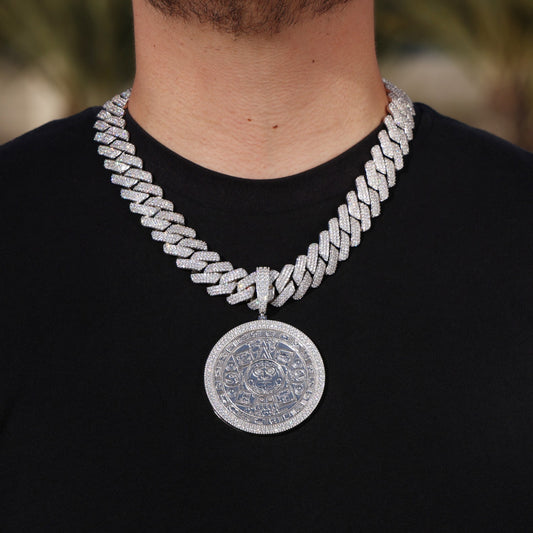 19mm Moissanite Prong Cuban + Big Moissanite Aztec Calendar Pendant Set - 925 Silver