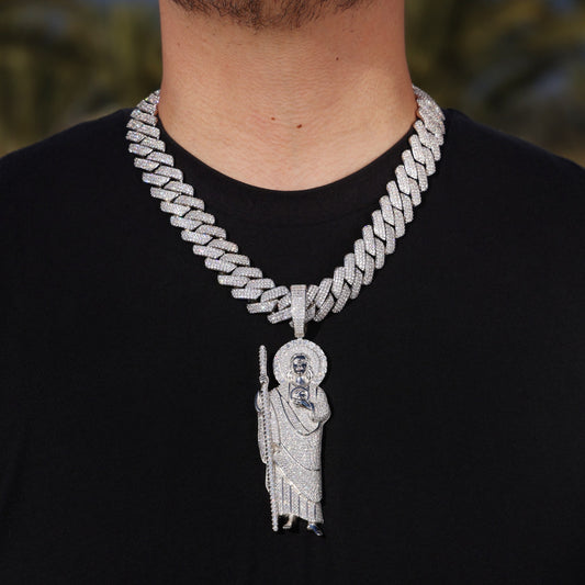 19mm Moissanite Prong Cuban + XL Fully Iced Moissanite San Judas Pendant Set - 925 Silver