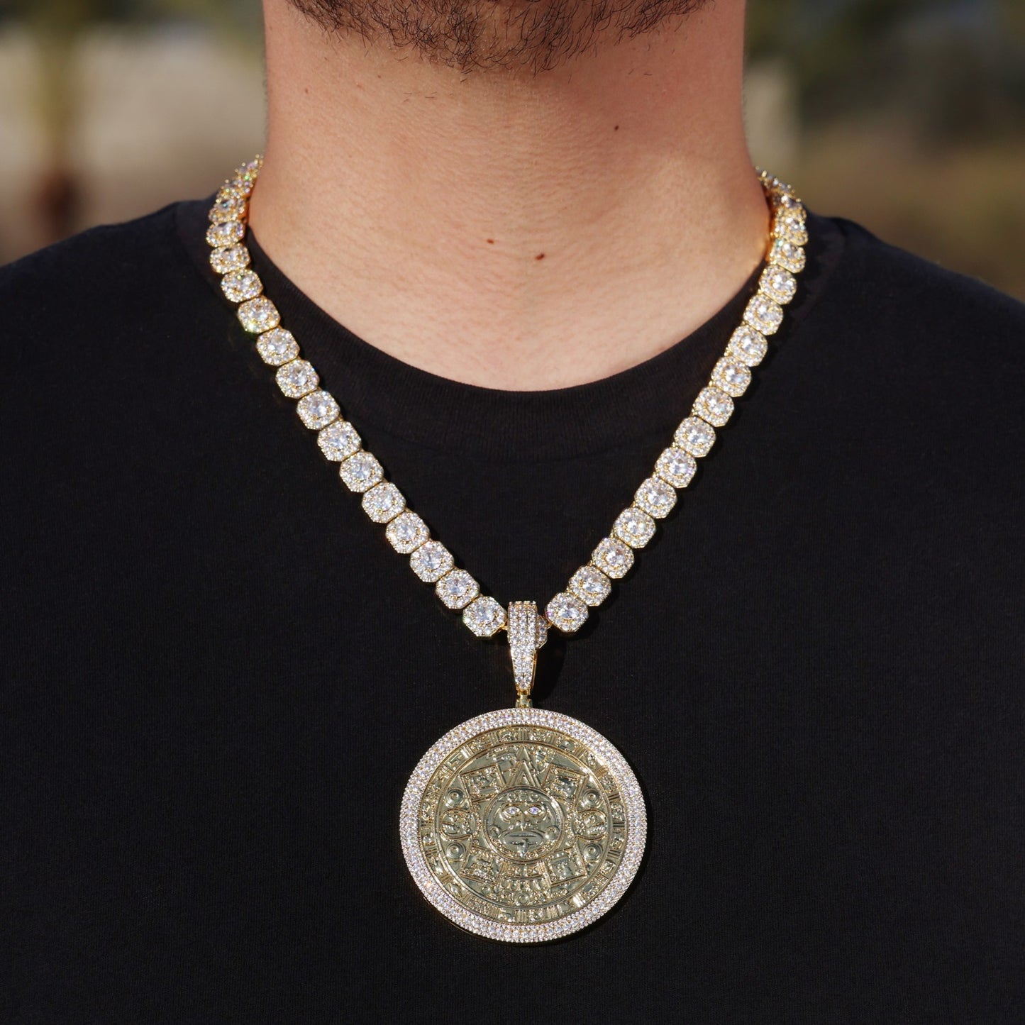 10mm Clustered Tennis Chain + Big Iced Aztec Calendar Pendant Set - Gold
