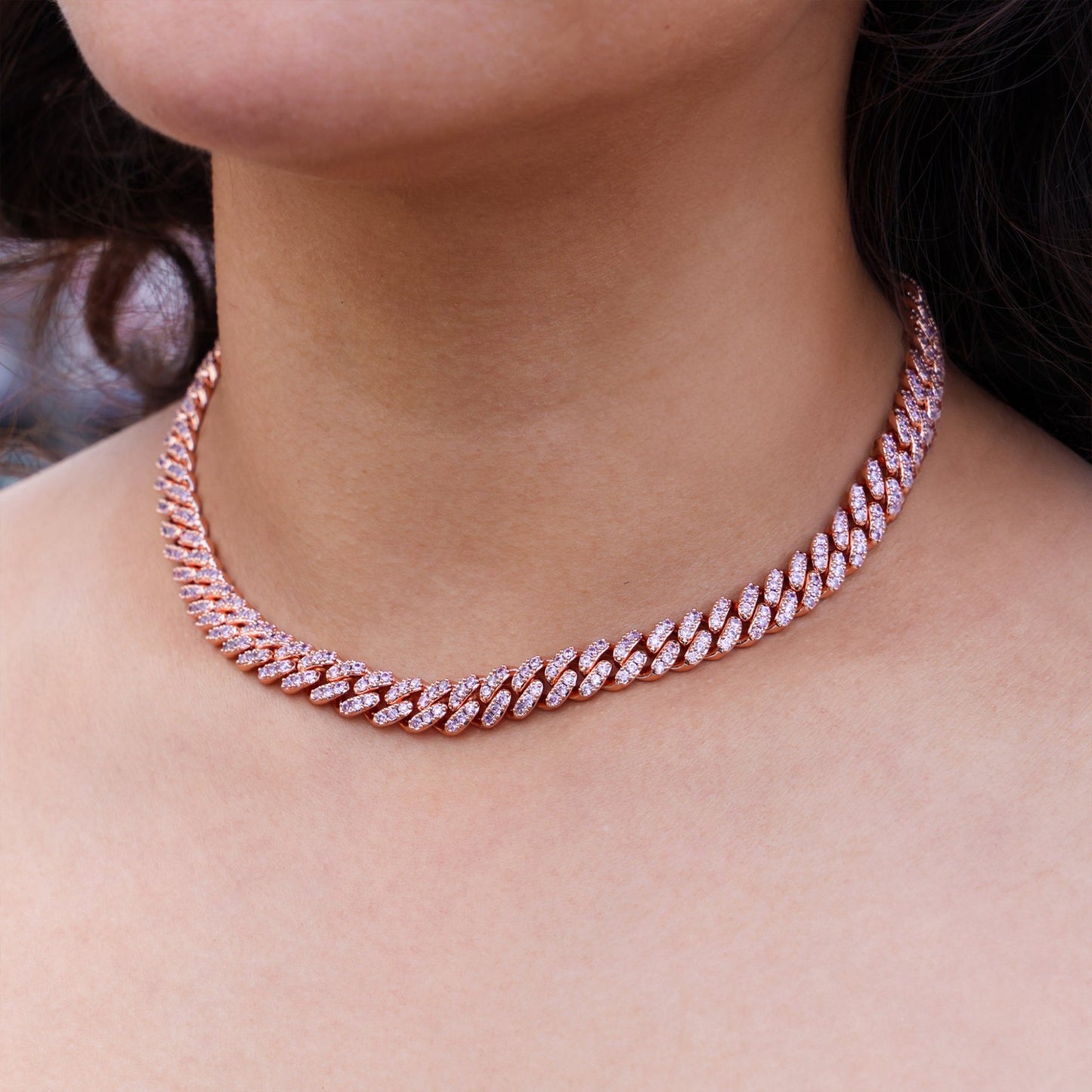 8mm Pink Iced out Cuban Necklace - Rose Gold