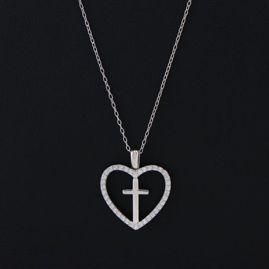 Iced Heart Cross Necklace - 925 Silver