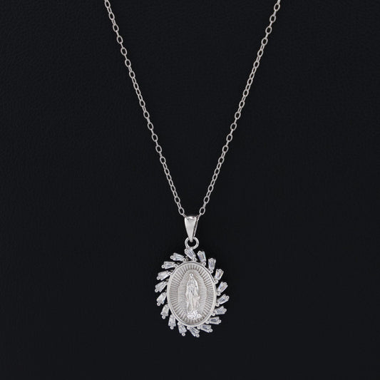 Small Virgin Mary Oval Baguette Necklace - 925 Silver