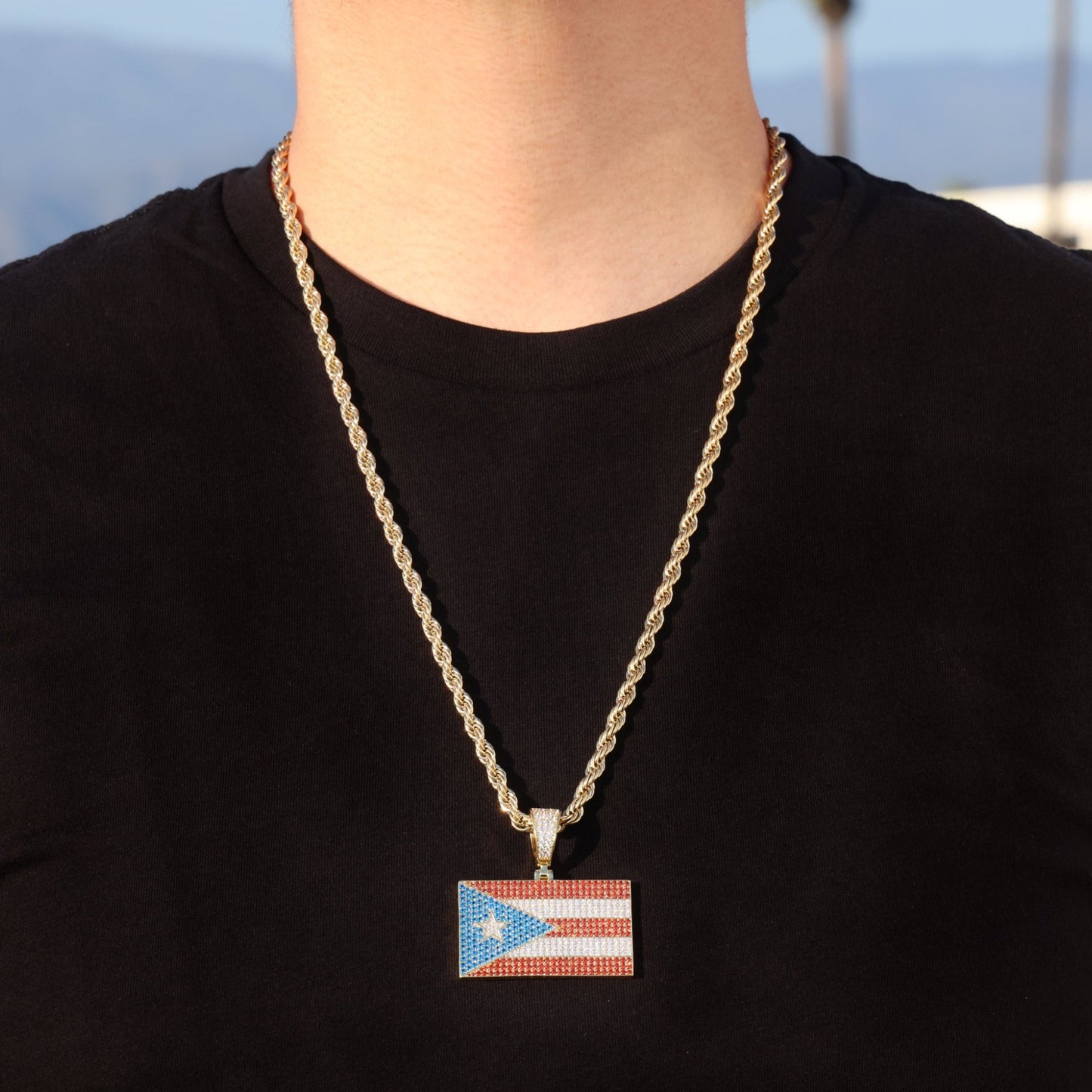 Iced Out Puerto Rico Flag Pendant - Gold