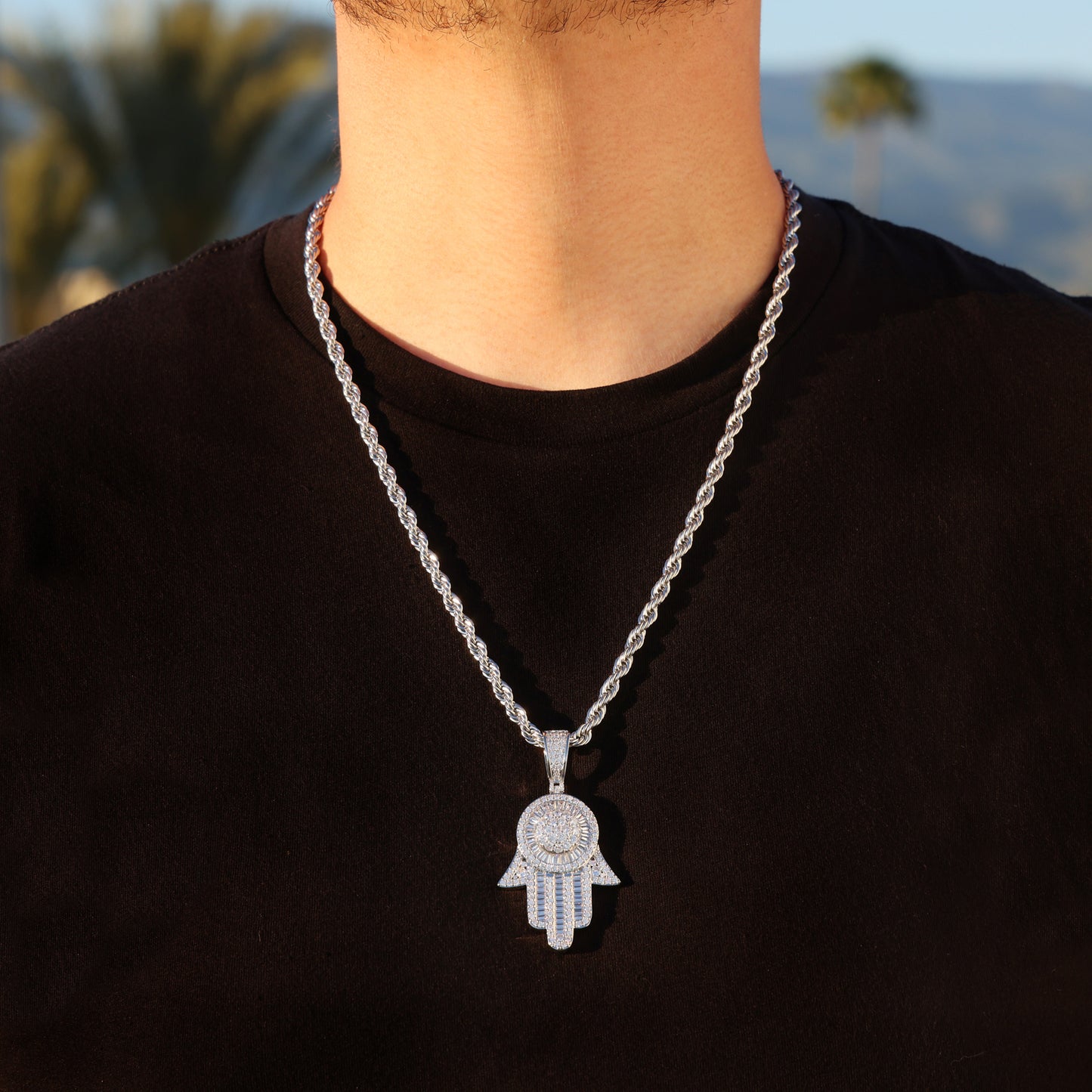 Large Fully Iced out Baguette Hamsah Pendant - White Gold