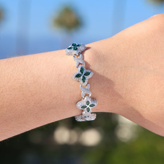 Iced Green Clover Link Bracelet - White Gold