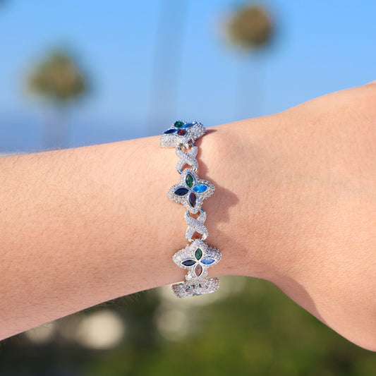 Iced Multi-Color Clover Link Bracelet - White Gold