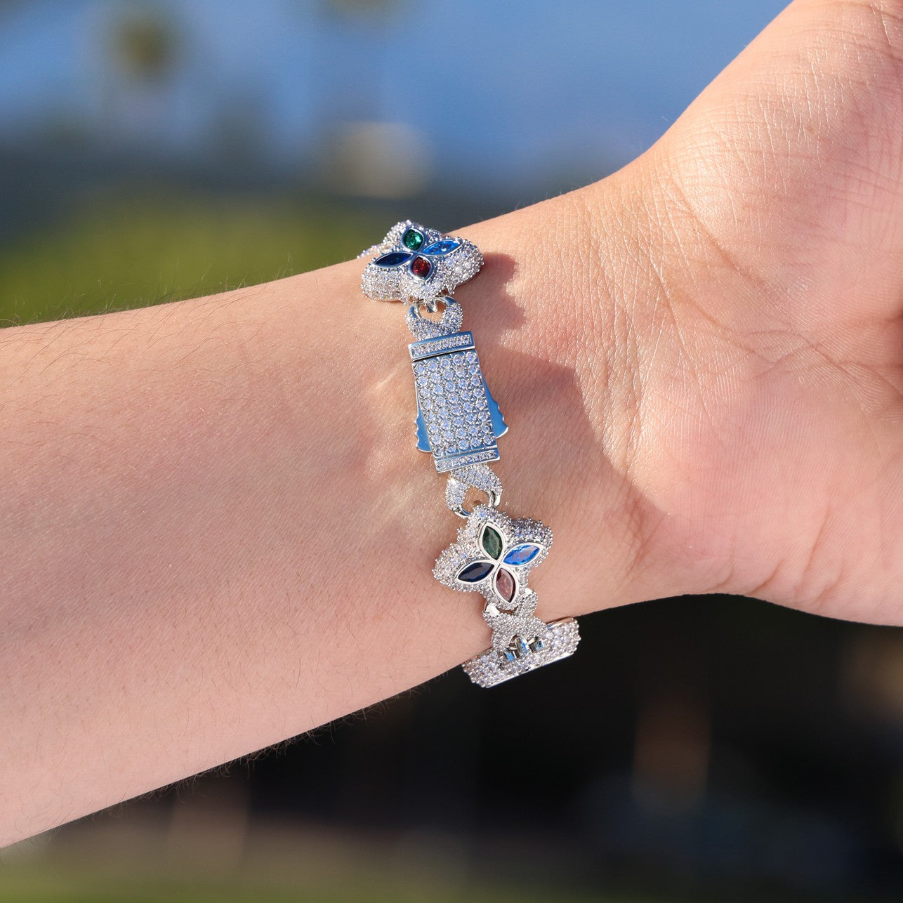 Iced Multi-Color Clover Link Bracelet - White Gold
