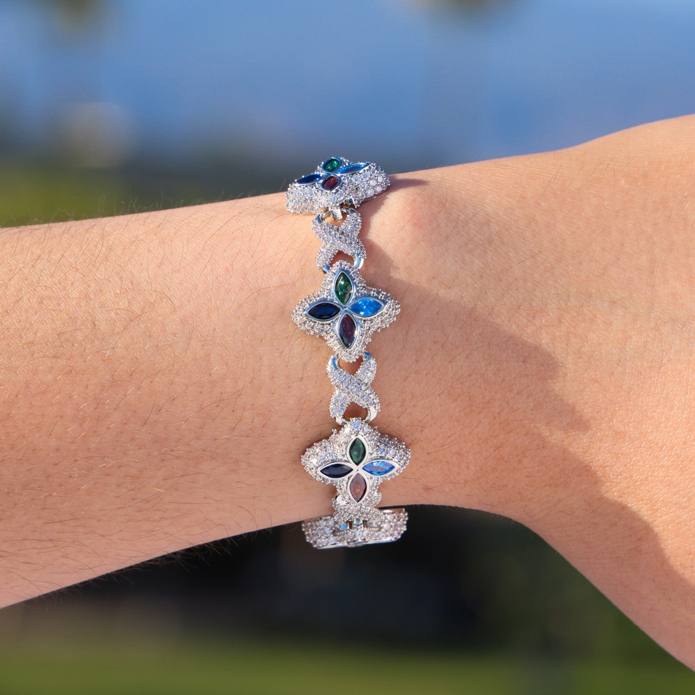 Iced Multi-Color Clover Link Bracelet - White Gold