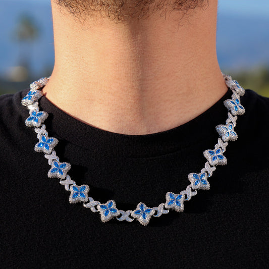 Iced Aqua Blue Clover Link Chain - White Gold