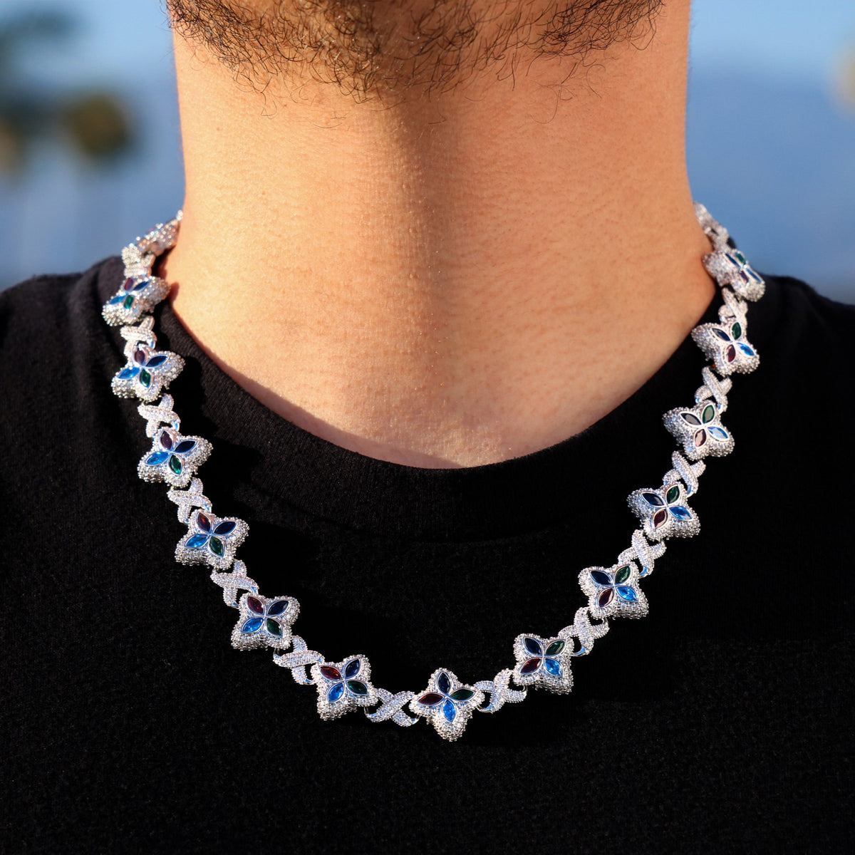Iced Multi-Color Clover Link Chain + Bracelet Bundle - White Gold
