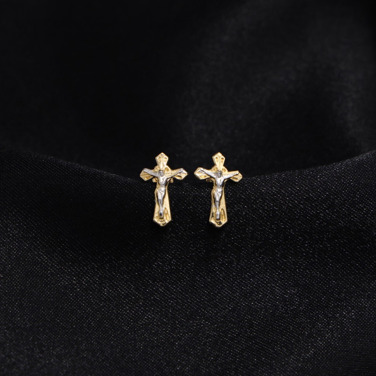 Micro Crucifix 2 Tone Stud Earrings - 14k Gold