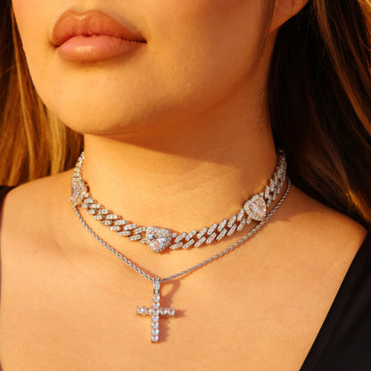 Iced Heart Diamond Cuban Choker Necklace - White Gold