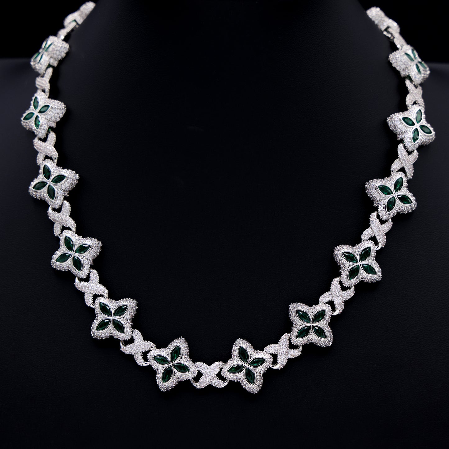 Iced Green Clover Link Chain - White Gold