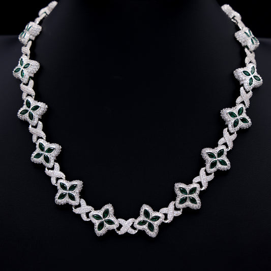 Iced Green Clover Link Chain - White Gold