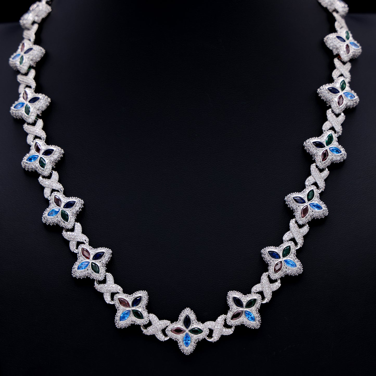 Iced Multi-Color Clover Link Chain - White Gold