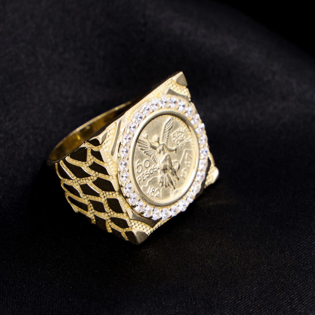 Large Squared Centenario Nugget Ring - 14k Gold