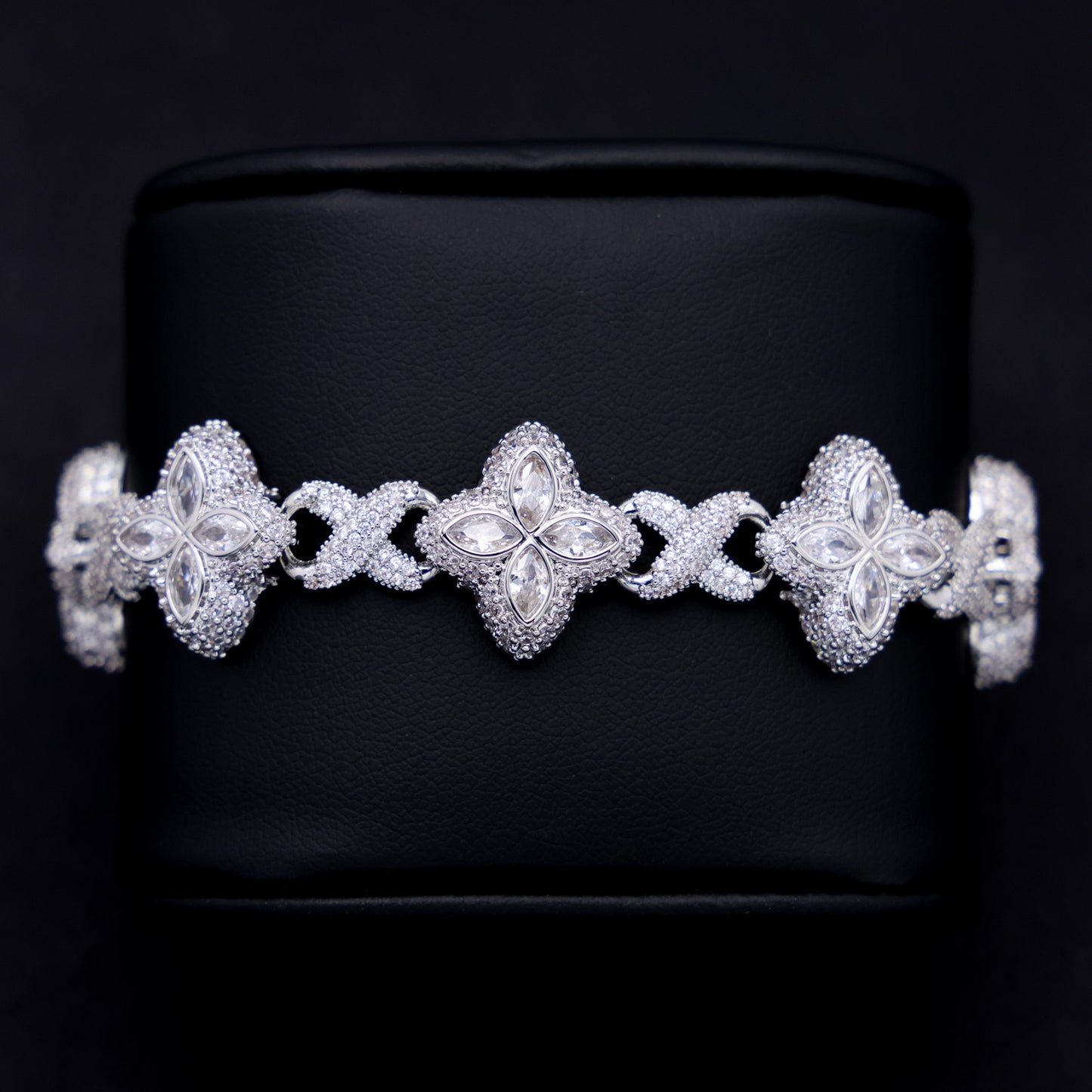 Iced Clover Link Bracelet - White Gold