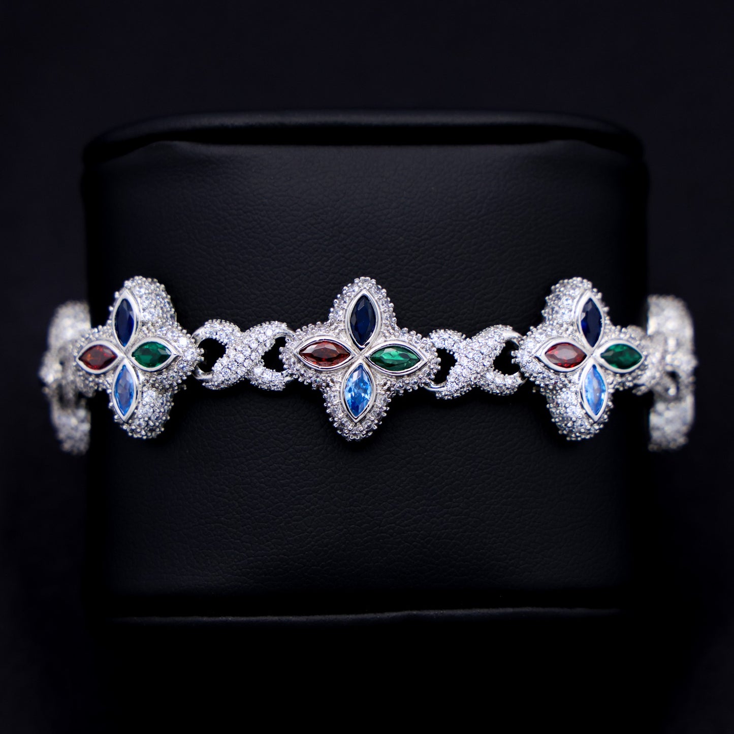 Iced Multi-Color Clover Link Bracelet - White Gold