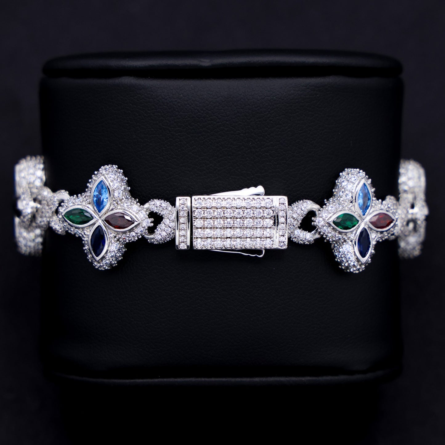 Iced Multi-Color Clover Link Bracelet - White Gold
