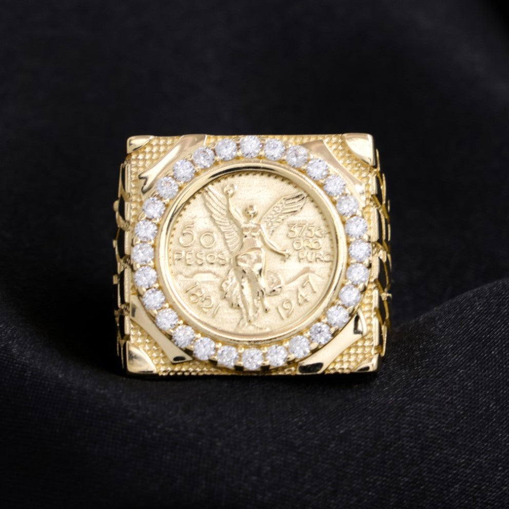 Large Squared Centenario Nugget Ring - 14k Gold