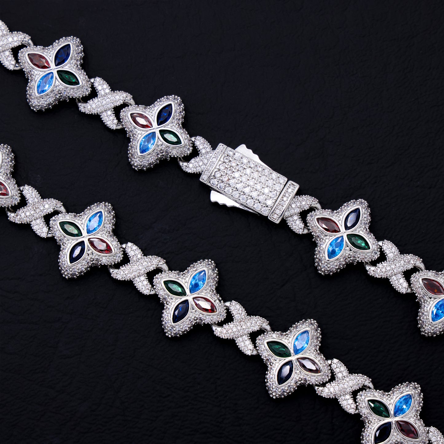 Iced Multi-Color Clover Link Chain - White Gold