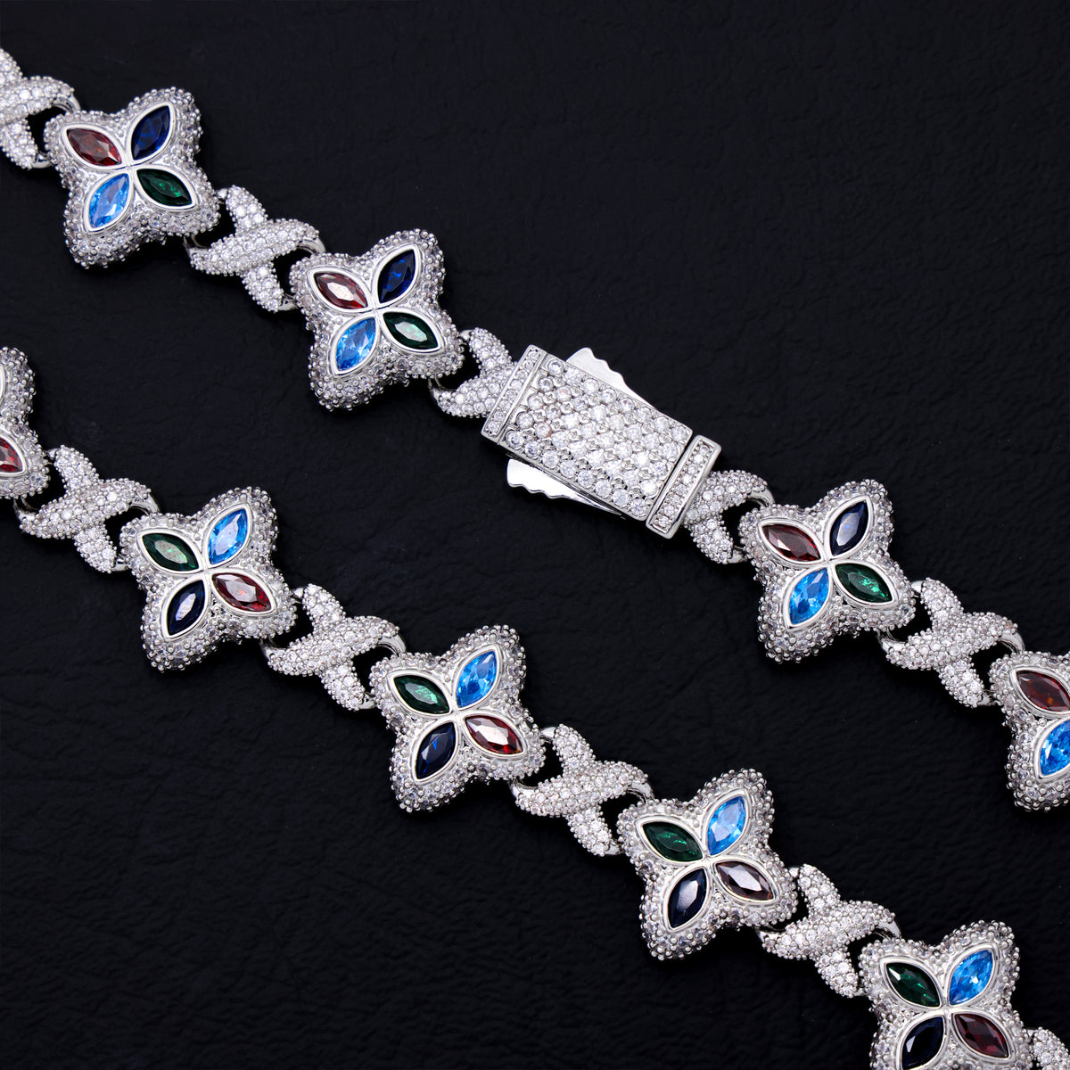 Iced Multi-Color Clover Link Chain + Bracelet Bundle - White Gold