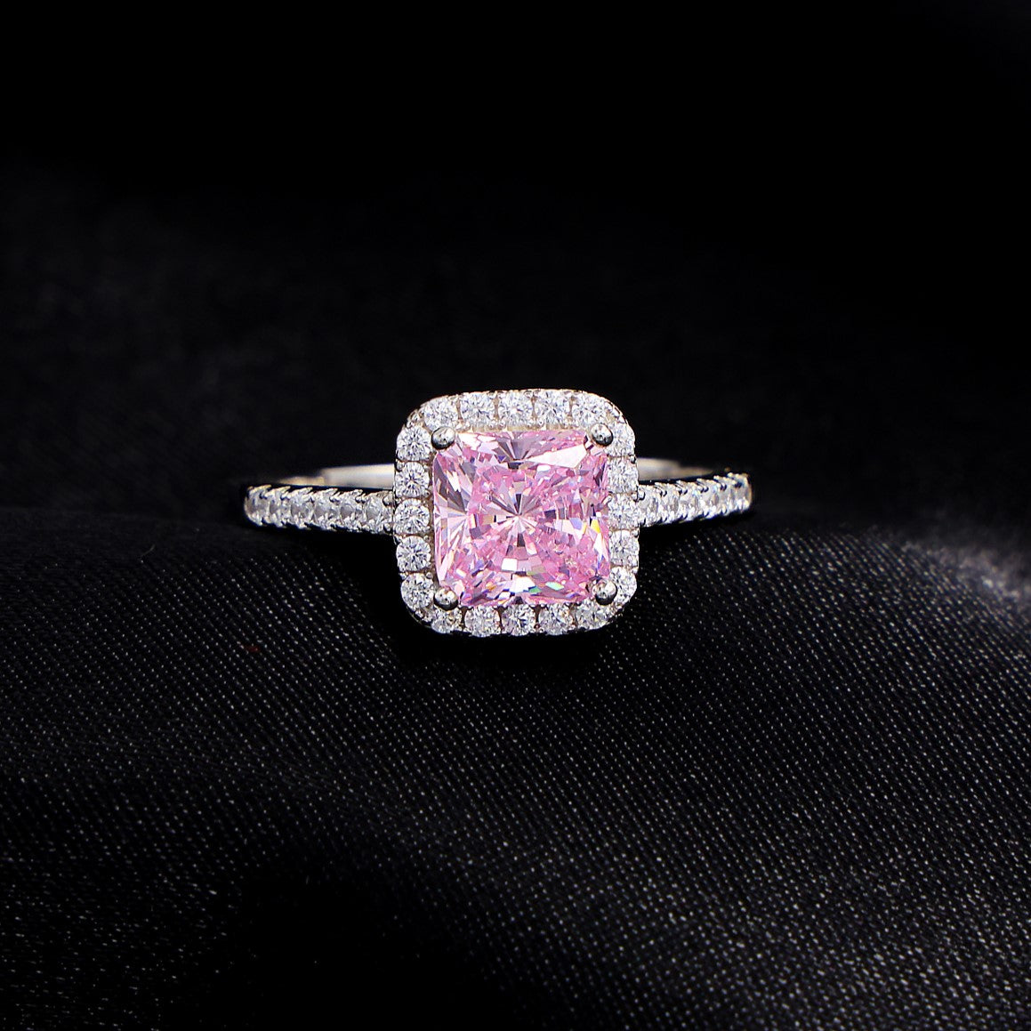 Iced Pink Princess Cut Ring - 925 Silver