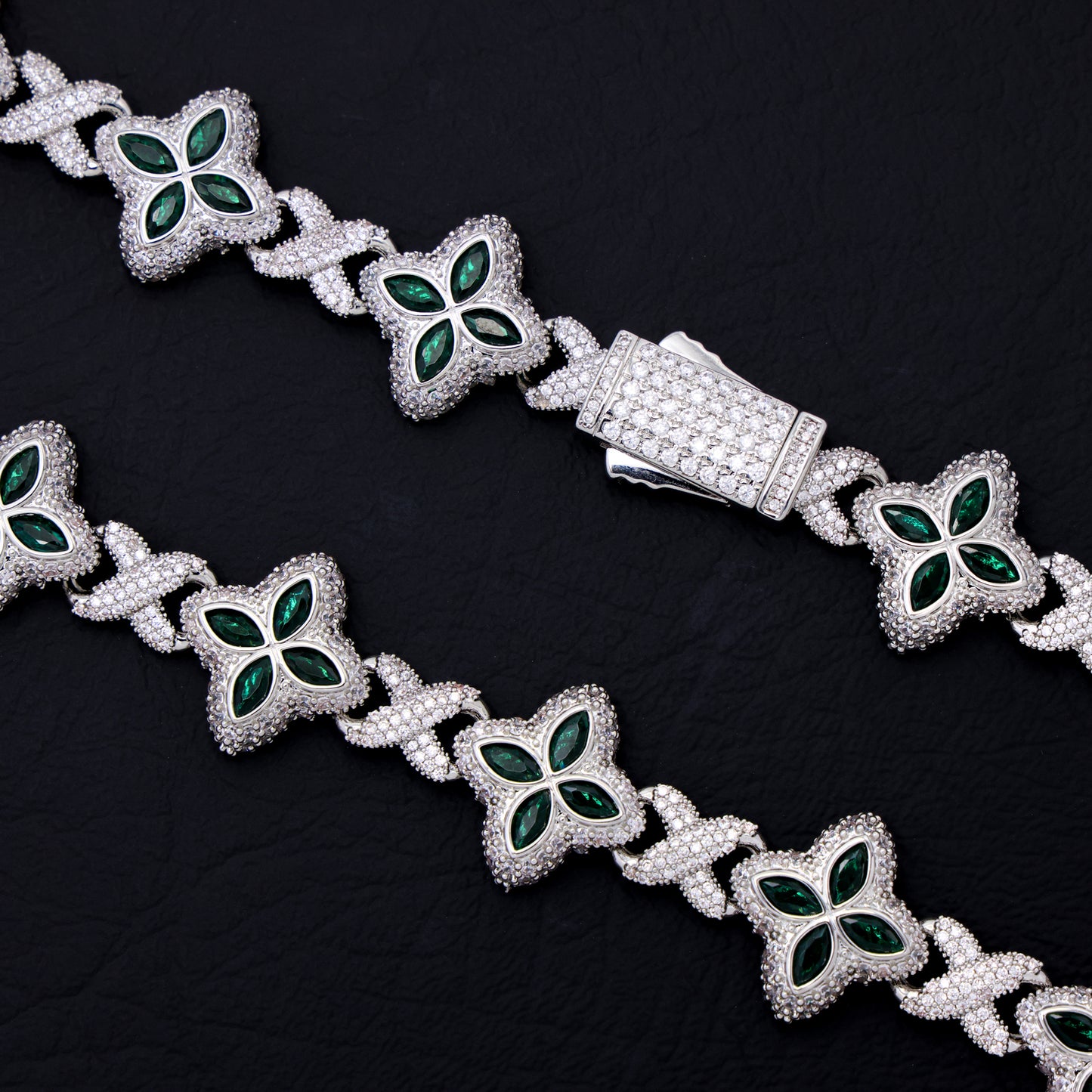 Iced Green Clover Link Chain - White Gold