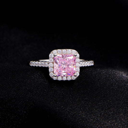 Iced Pink Princess Cut Ring - 925 Silver