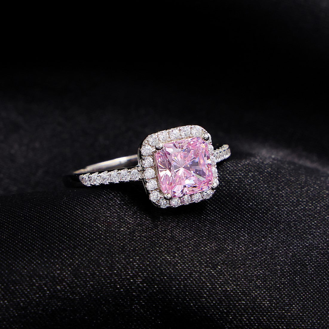 Iced Pink Princess Cut Ring - 925 Silver