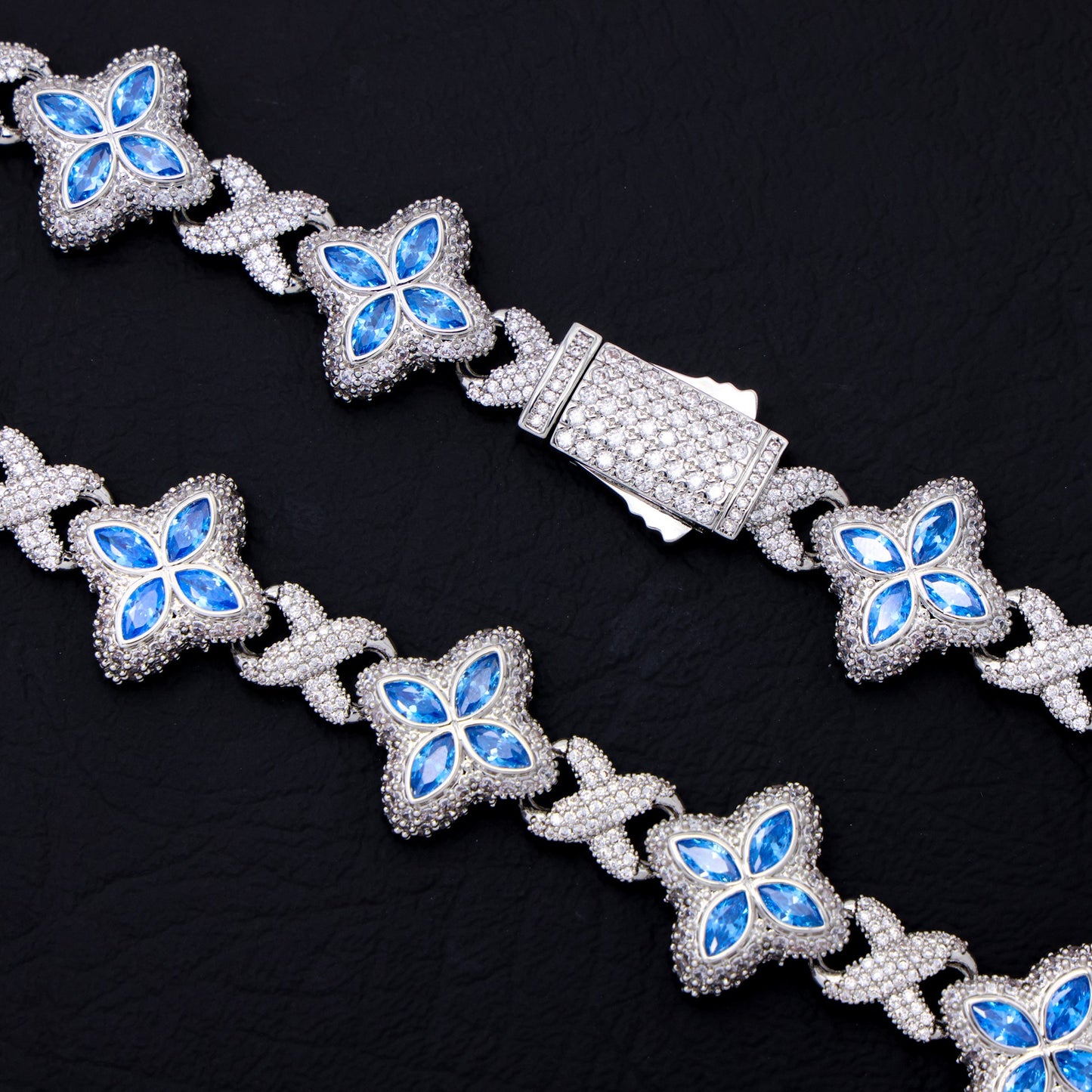 Iced Aqua Blue Clover Link Chain - White Gold