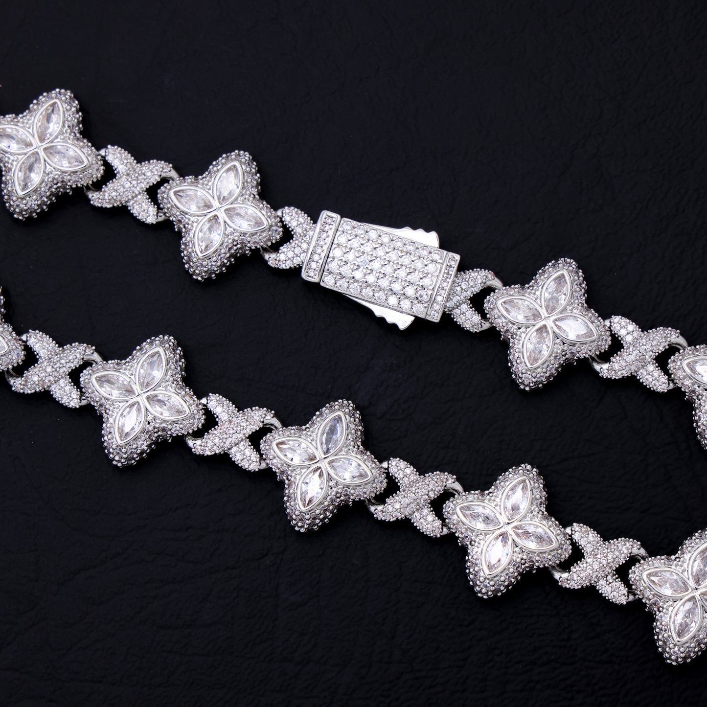 Iced Clover Link Chain - White Gold