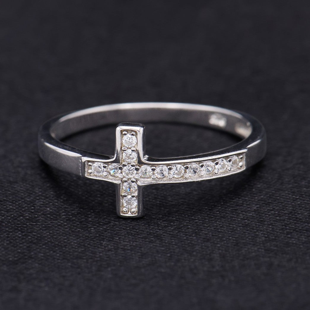 Iced Sideway Cross Ring - 925 Silver