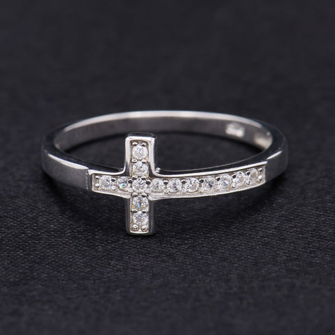 Iced Sideway Cross Ring - 925 Silver