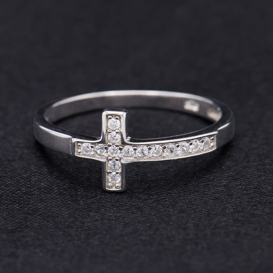 Iced Sideway Cross Ring - 925 Silver