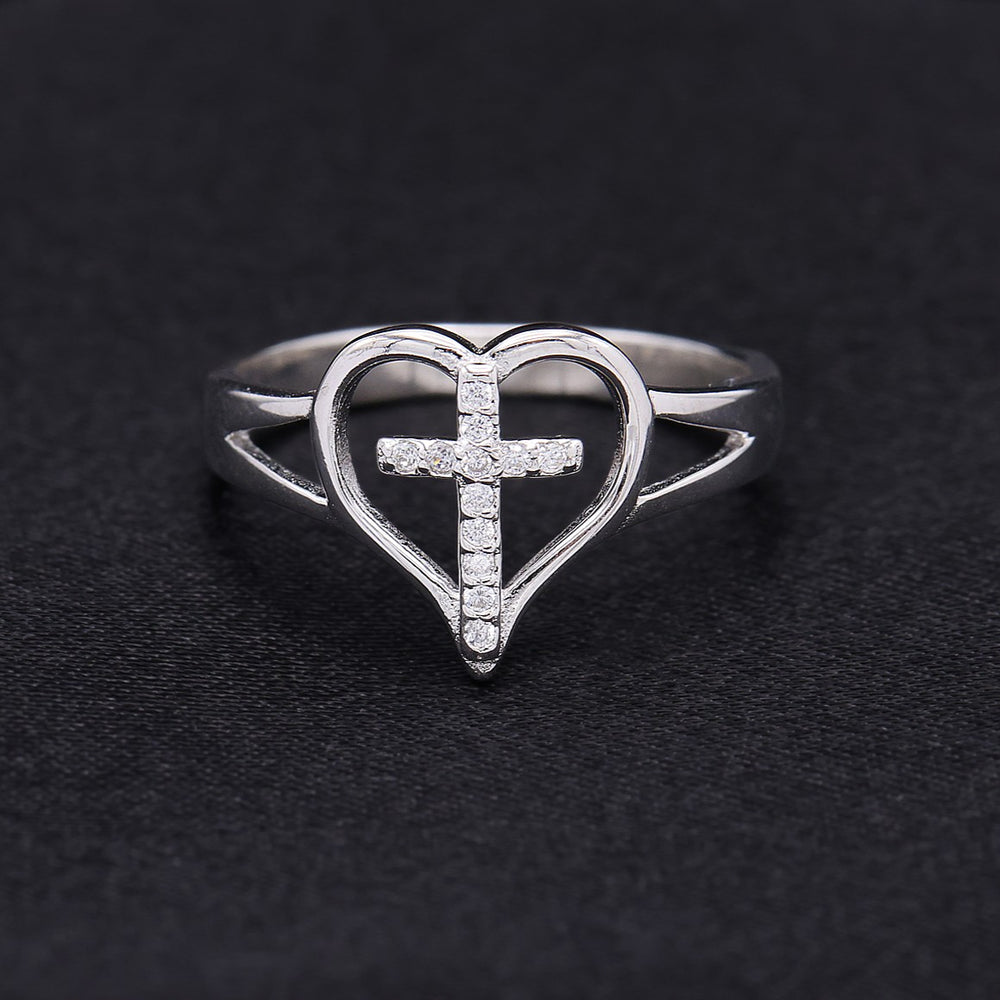 Iced Cross Heart Ring - 925 Silver