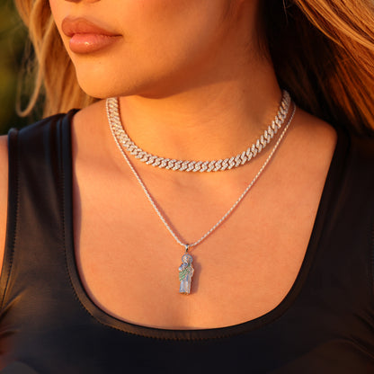 Micro Green Iced San Judas Necklace - 925 Silver