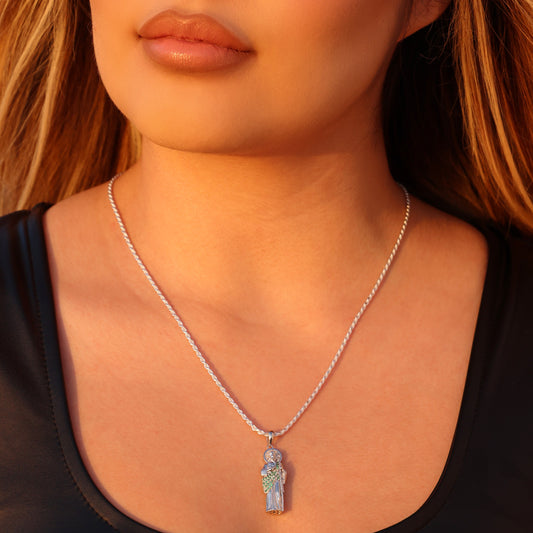 Micro Green Iced San Judas Pendant - 925 Silver