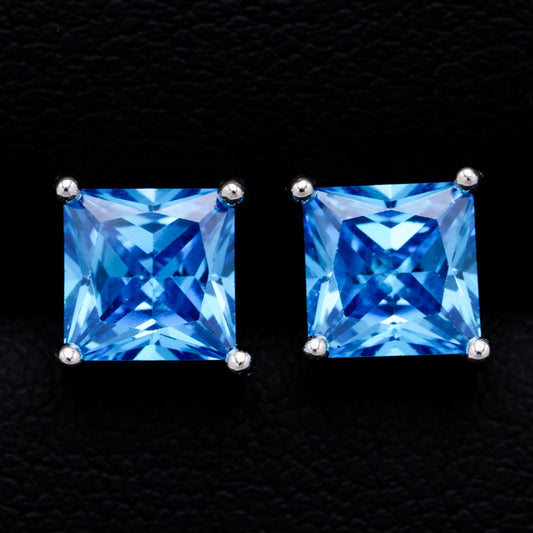 Square Cut Blue Stud Earrings - 925 Silver