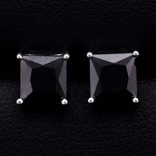 Square Cut Black Stud Earrings - 925 Silver
