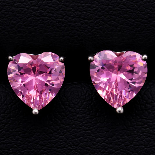 8mm Pink Heart Cut Diamond Stud Earrings - 925 Silver